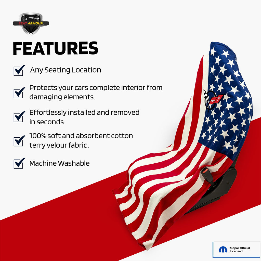 Seat Armour American Flag Seat Cover Towel2GO C5 Emblem - Universal Fit Soft Machine Washable - Easy Install, Multipurpose Seat Cover