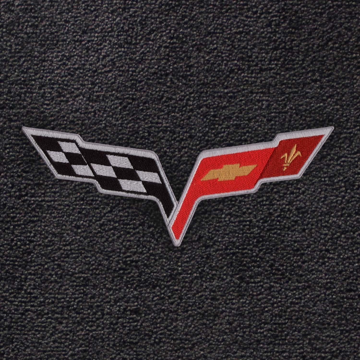 Fits 2007.5-2013 C6 Corvette Driver & Passenger Floor Mats Set; Black / Ebony Velourtex Fabric with Crossed Flags Logo Embroidery
