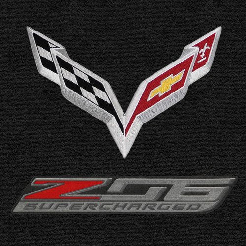 Fits C7 Corvette Z06 Floor Mats- Flags w/ Z06 Supercharged Logo: Black