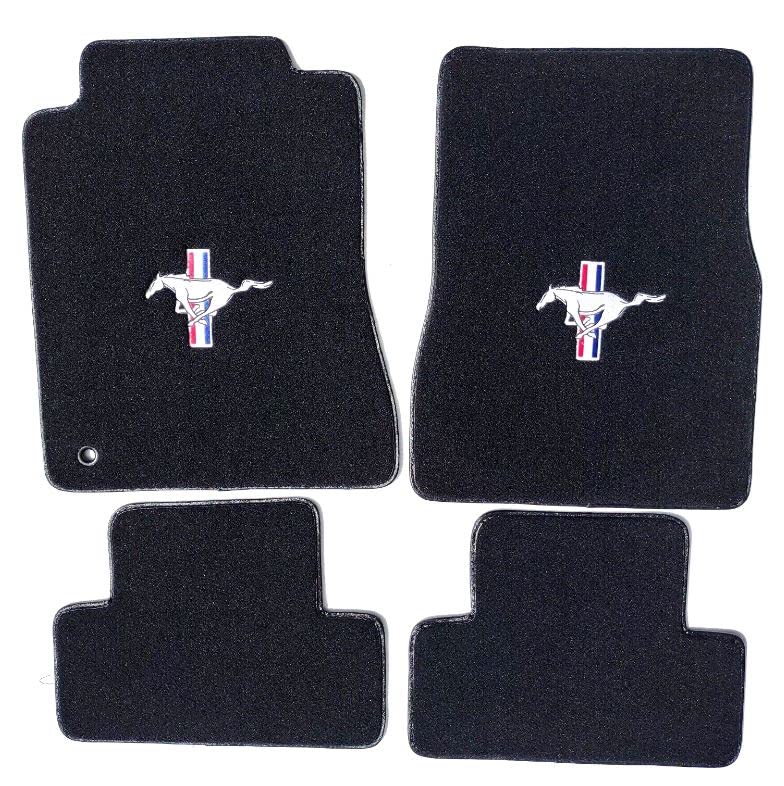 ACC Mats Compatible with 2005-2009 Ford Mustang - 4 PC Black Carpet Floor Mat Set w/Pony Tri-Bar Logo on Front Mats