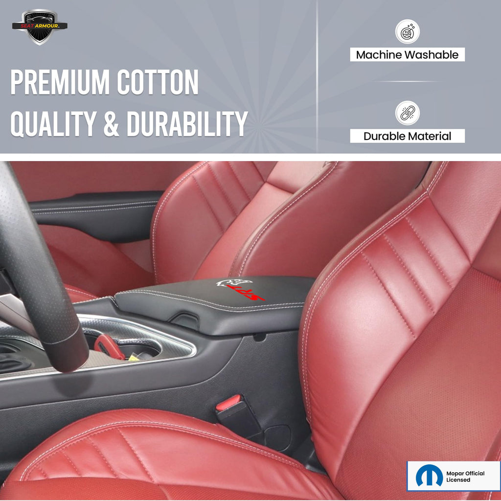 Seat Armour Center Console Cover for 2015–2024 Dodge Challenger – Black, 100% Cotton with Embroidered SRT Logo & Organizer Pocket – Custom Fit & Machine Washable