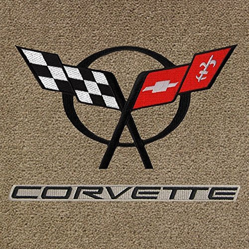 Lloyd Mats - Classic Loop Tan Front Floor Mats For Corvette C5 with C5 Black Logo / Corvette Black on Beige Applique