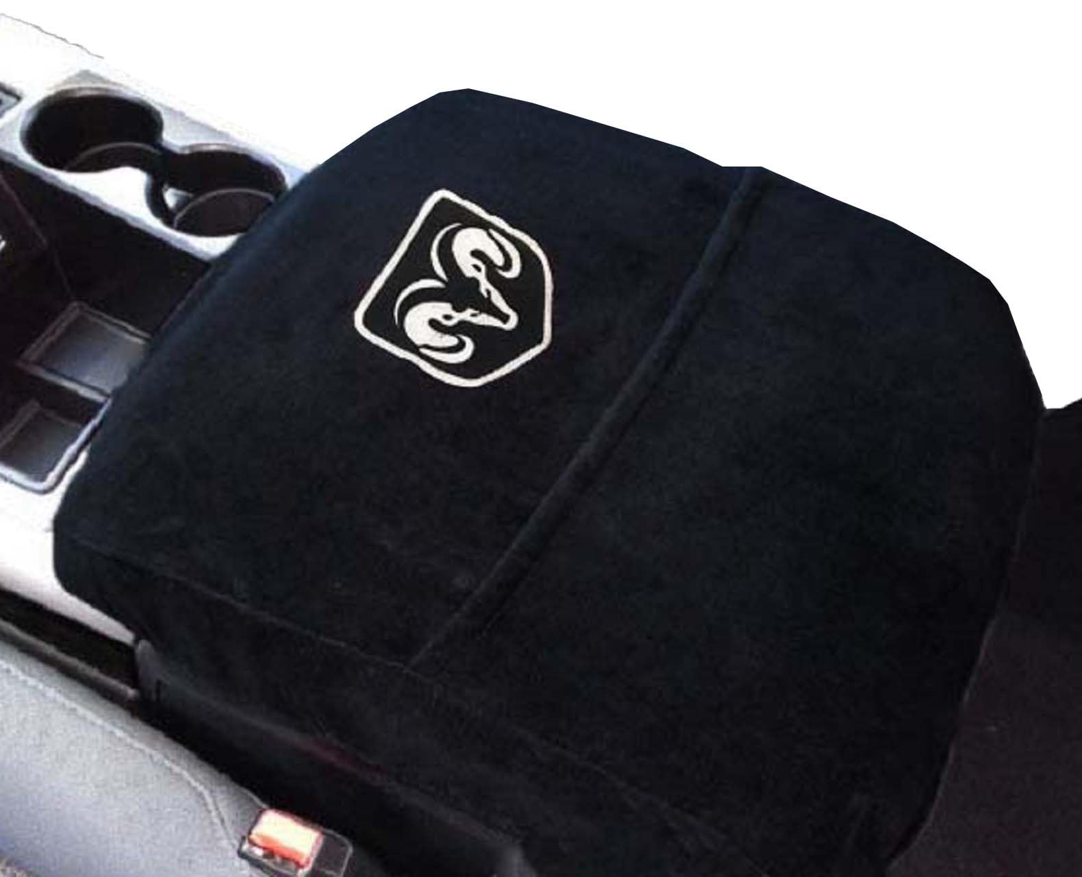 Car Console Covers Plus Official Licensed RAM Embroidered Logo Center Console Cover Designed by Seat Armour to fit RAM 2014-2025 Classic Jump Seat Model and All Bucket Seat Models