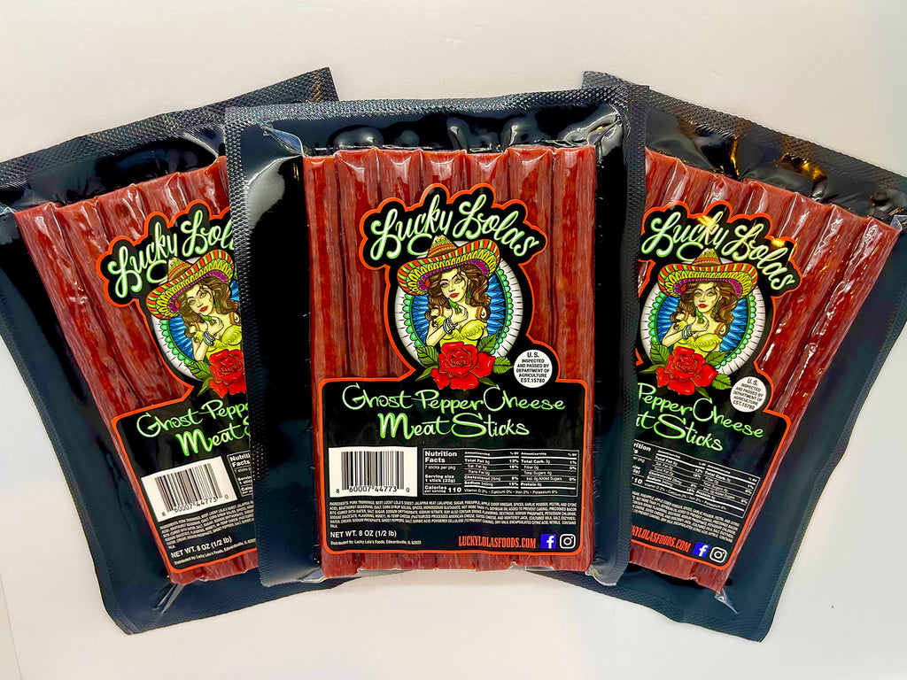 Ghost Pepper Cheese Meat Sticks by Lucky Lola's - 1/2 Pound of Hot & Spicy Snacks (7-6" Large Sticks) - 3 Cheeses, Ghost Peppers, and Jalapina Heat