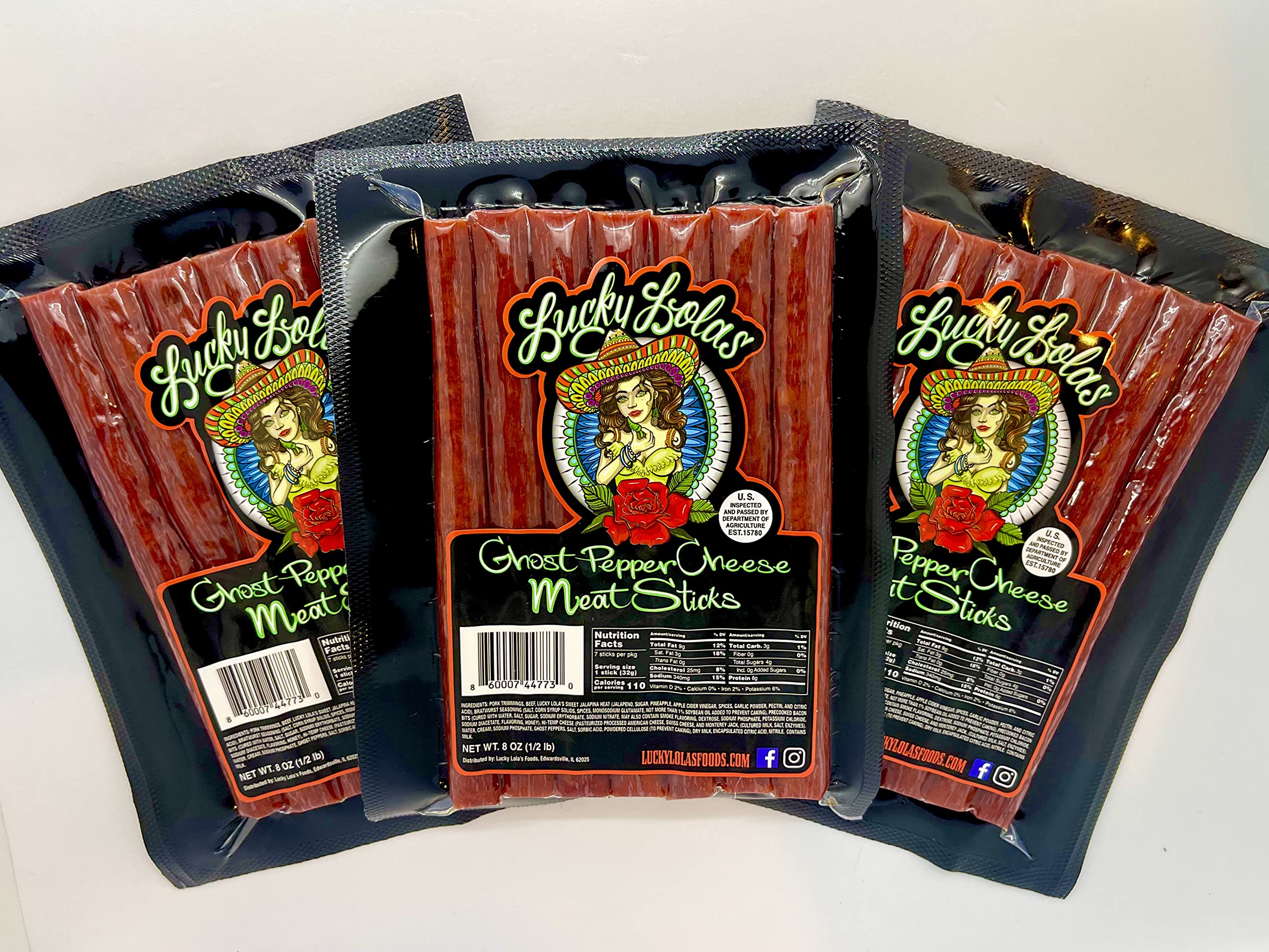 Ghost Pepper Cheese Meat Sticks by Lucky Lola's - 1/2 Pound of Hot & Spicy Snacks (7-6" Large Sticks) - 3 Cheeses, Ghost Peppers, and Jalapina Heat