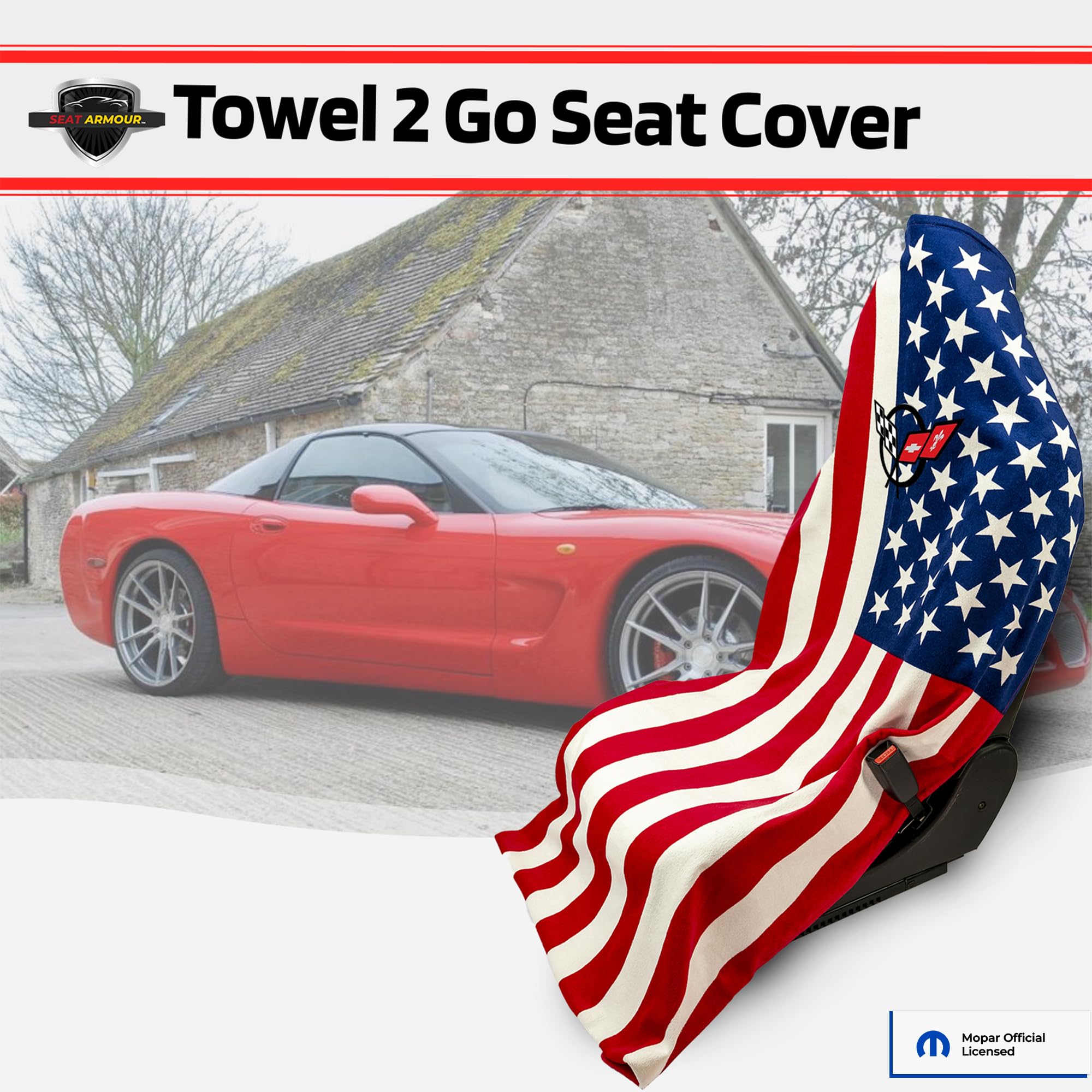 Seat Armour American Flag Seat Cover Towel2GO C5 Emblem - Universal Fit Soft Machine Washable - Easy Install, Multipurpose Seat Cover