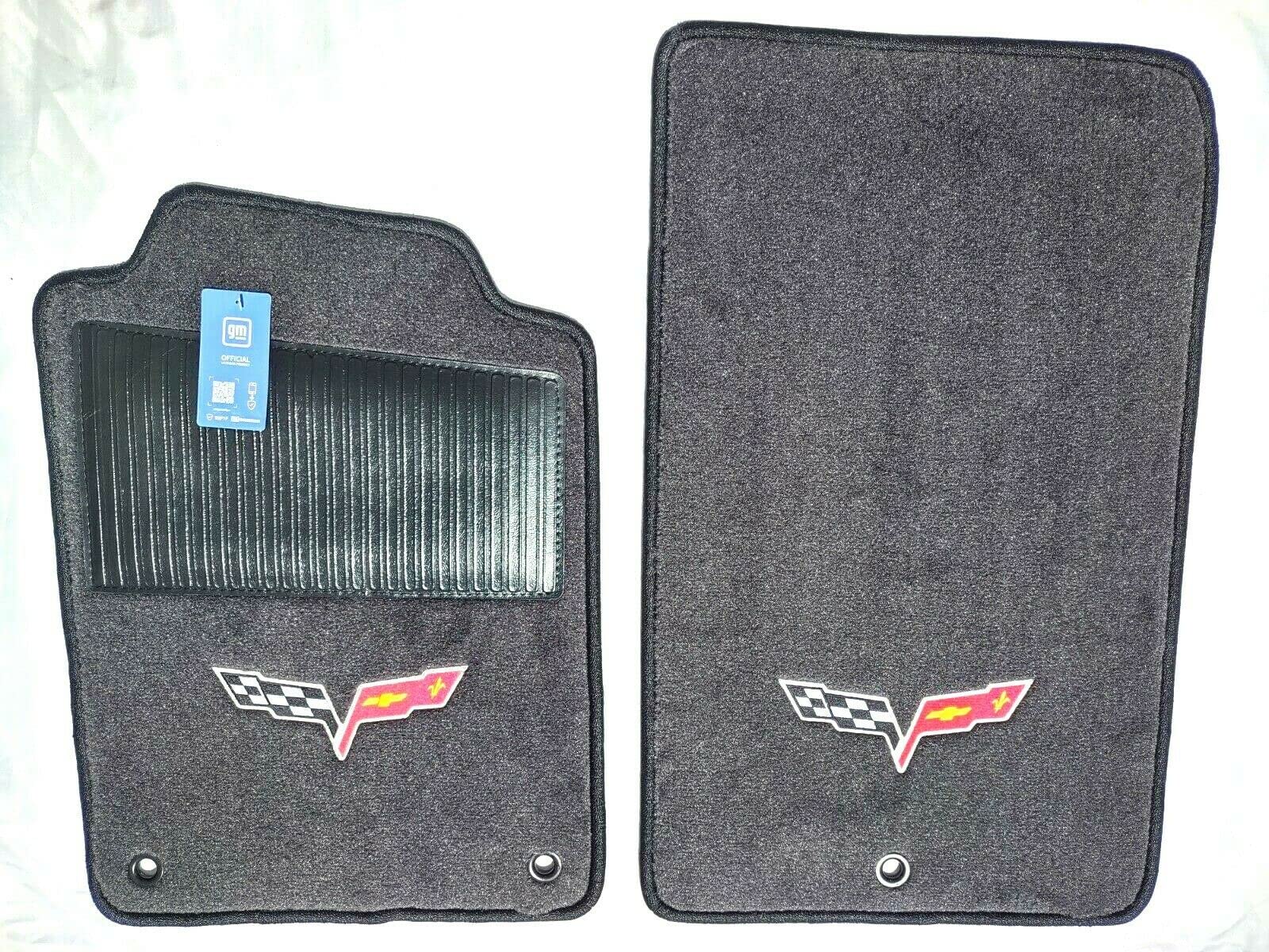 ACC Mats Compatible with 2005 - Early 2007 Chevy Corvette - Ebony Carpet Floor Mats with C6 Flags Logo and Heel Pad