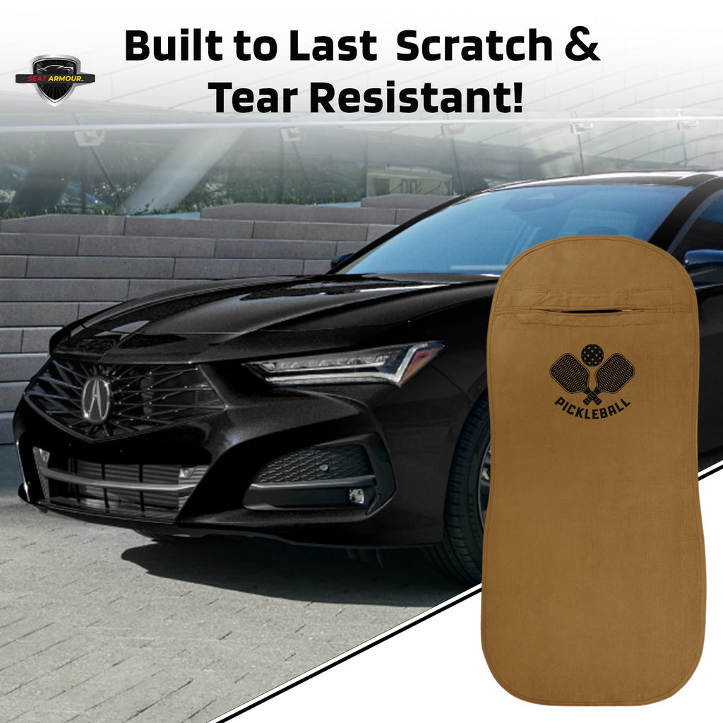 Seat Armour Seat Protector Towel – Pickleball Design – Soft Machine Washable Car Seat Cover Towel – Easy to Install, Multipurpose Car Seat Towel – Tan