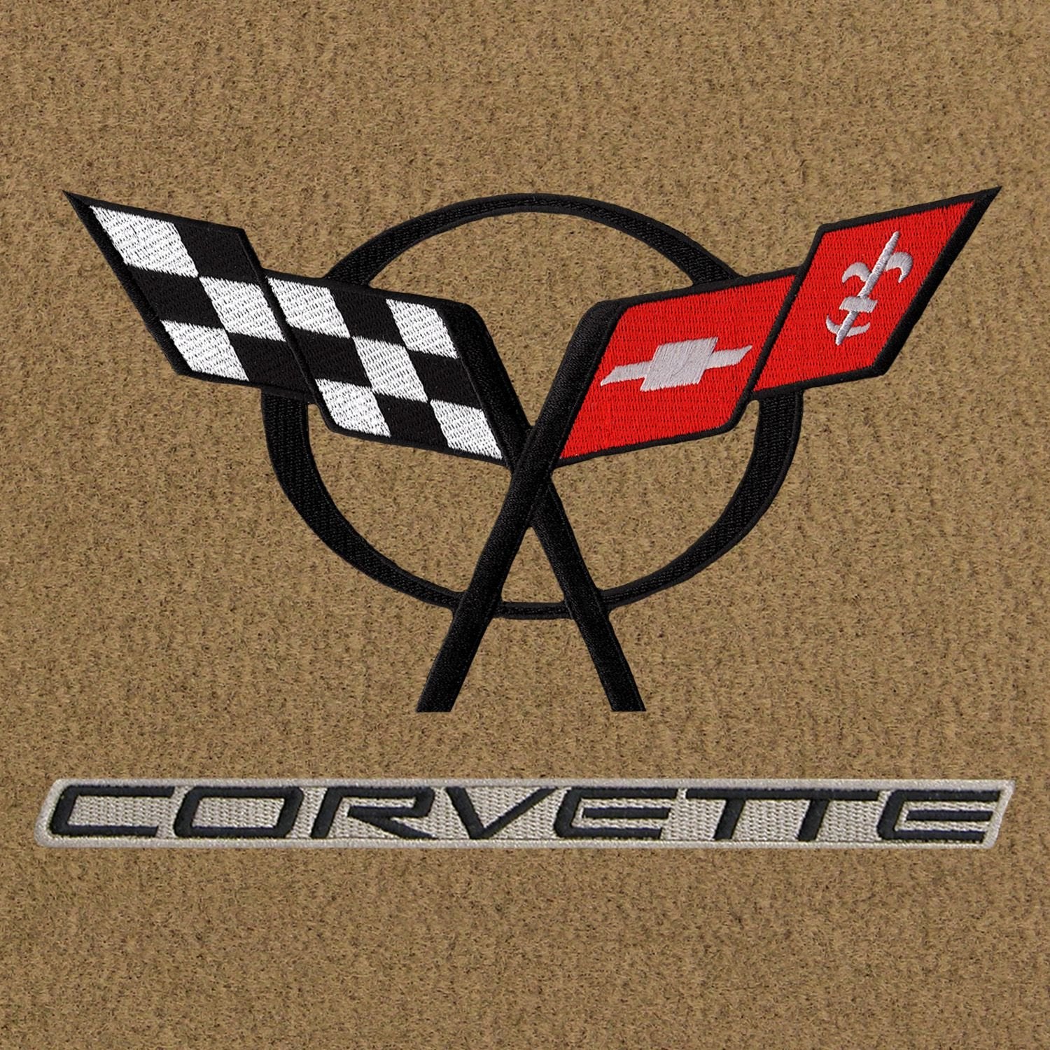 Lloyd Mats ® - Velourtex Light Oak Front Floor Mats for Corvette 1997-04 with Black C5 Flags and Corvette Lettering on Beige Applique