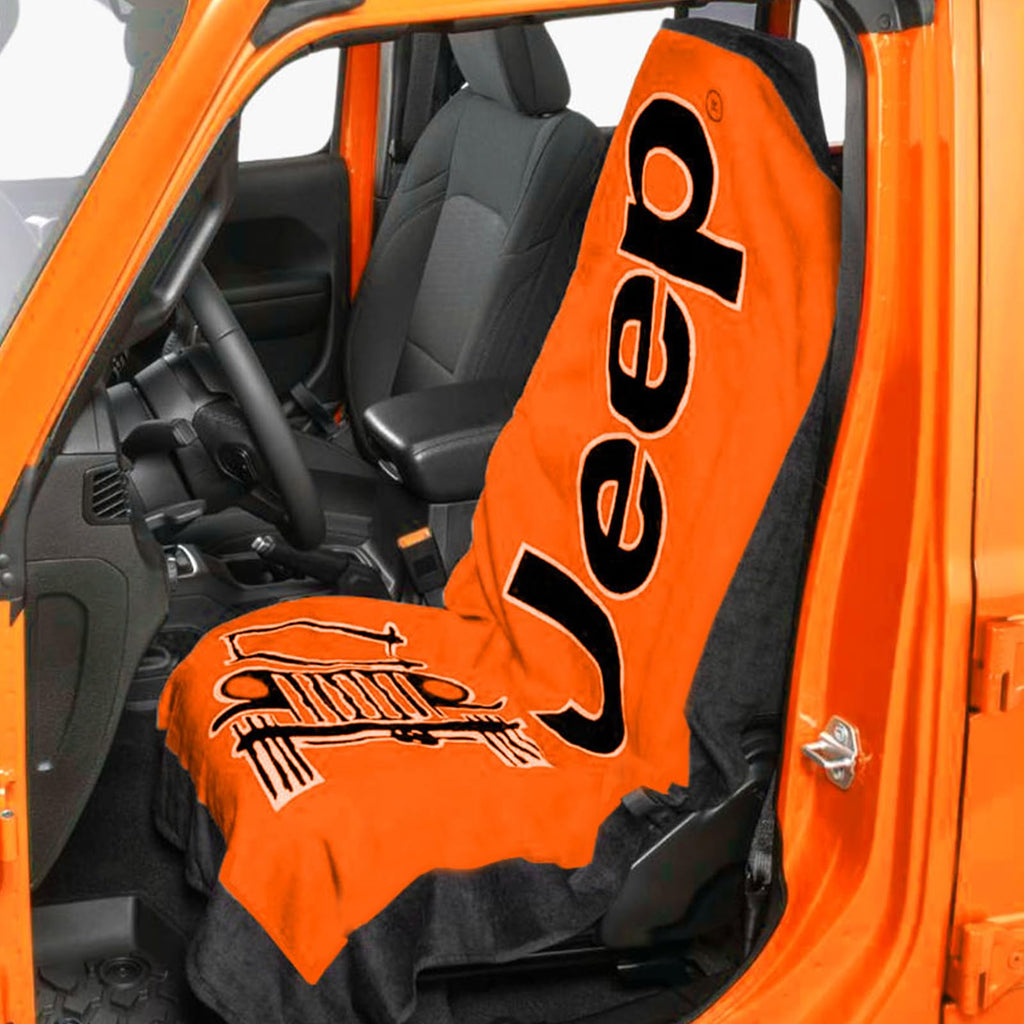 Towel 2 Go Orange Seat Cover with Jeep Wrangler Logo - Soft Machine Washable Car Seat Protector - Easy to Install, Multipurpose Towel