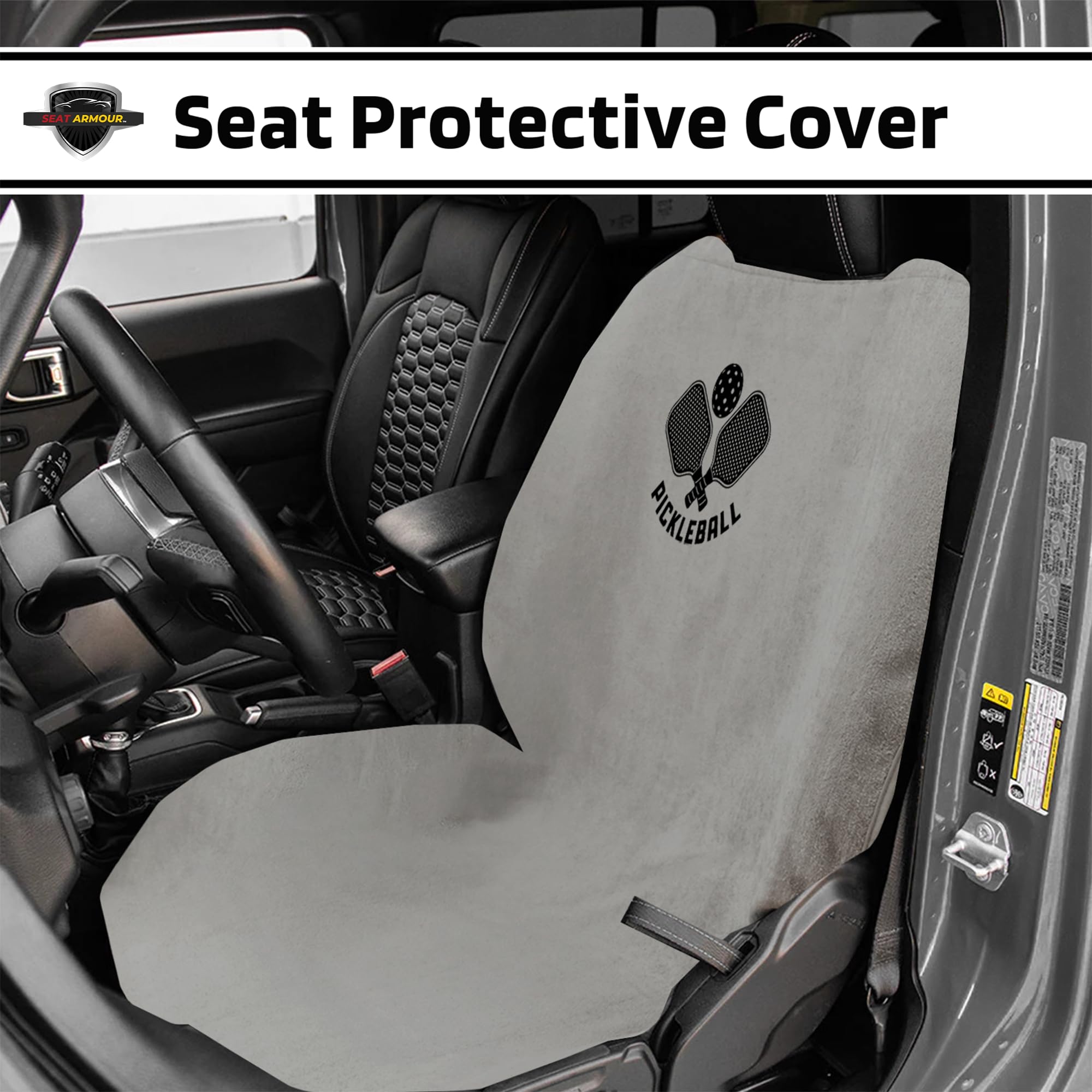 Seat Armour Seat Protector Towel – Pickleball Design – Soft Machine Washable Car Seat Cover Towel – Easy to Install, Multipurpose Car Seat Towel – Gray