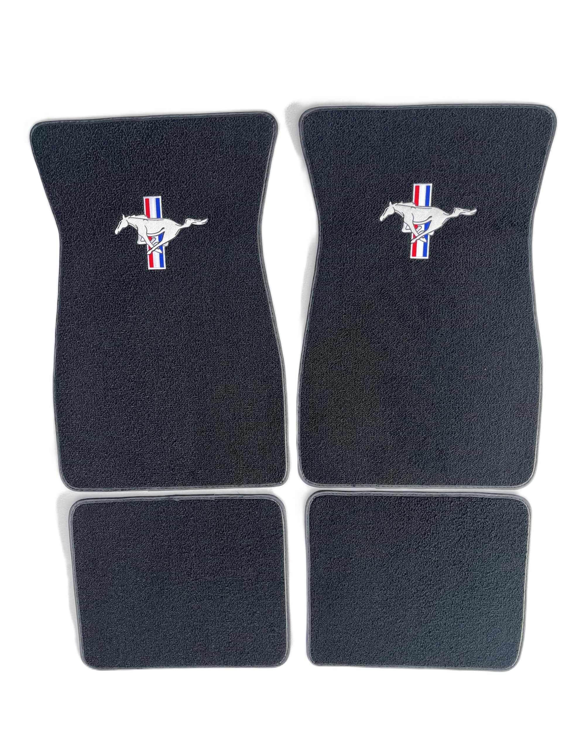 ACC Part Compatible with 1964-1968 Ford Mustang - 4 Piece Black Carpet Floor Mat Set with Pony/Tri-Bar Logos on Front Mats