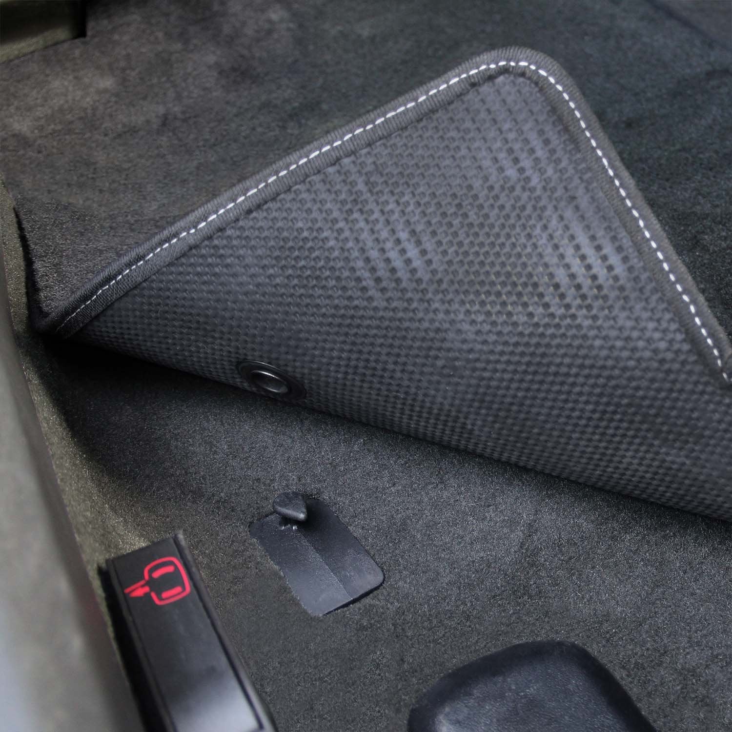Fits 2007.5-2013 C6 Corvette Driver & Passenger Floor Mats Set; Black / Ebony Velourtex Fabric with Crossed Flags Logo Embroidery
