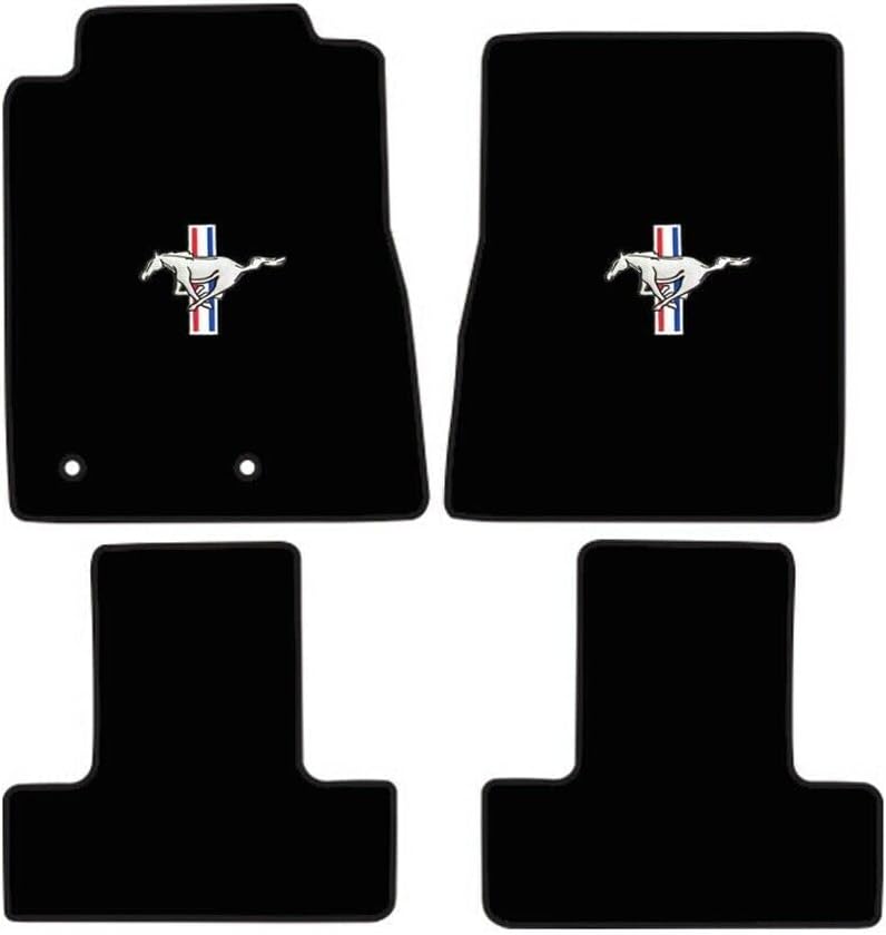 ACC Mats Compatible with 2010-2014 Ford Mustang - 4 PC Black Carpet Floor Mat Set w/Pony Tri-Bar Logo on Front Mats
