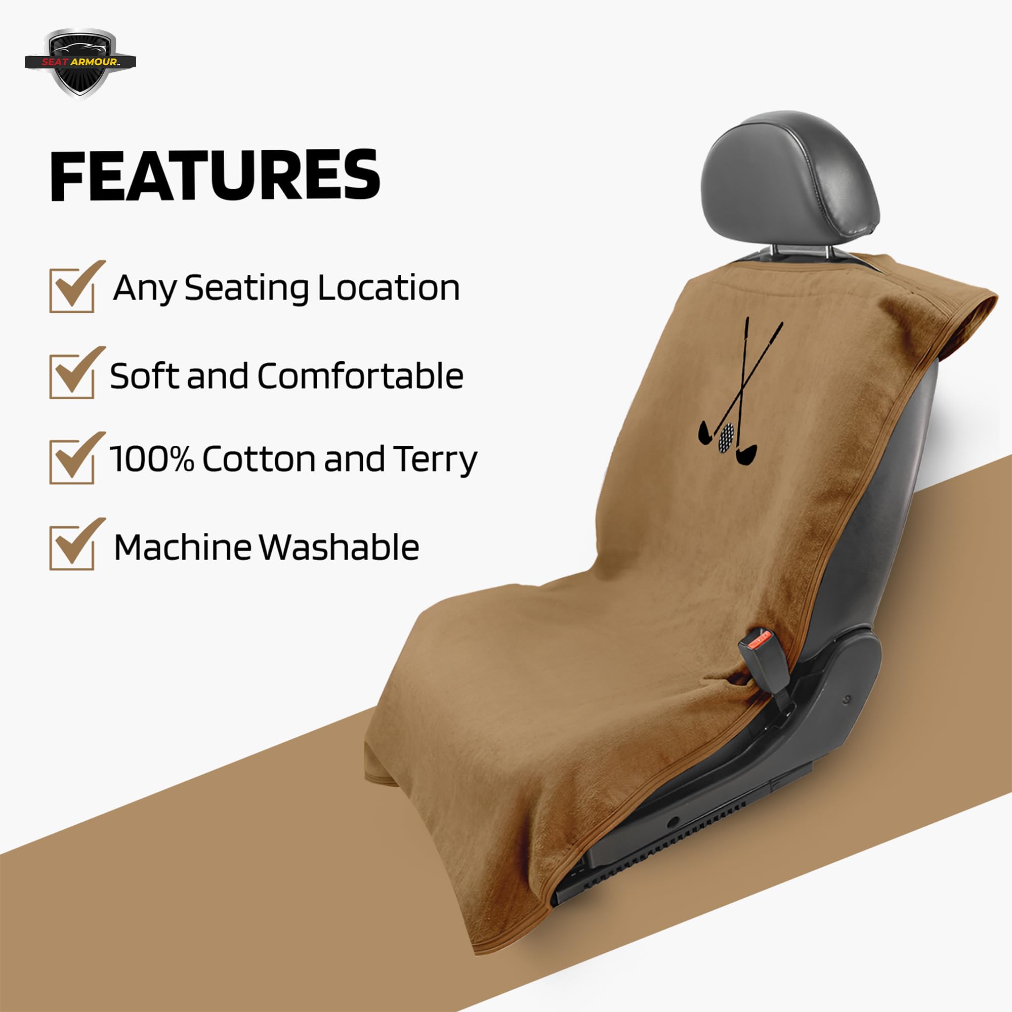 Golf Clubs & Ball Logo Seat Towel/Cover – Soft, Absorbent & Machine Washable – Tan