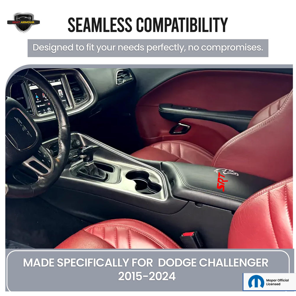 Seat Armour Center Console Cover for 2015–2024 Dodge Challenger – Black, 100% Cotton with Embroidered SRT Logo & Organizer Pocket – Custom Fit & Machine Washable