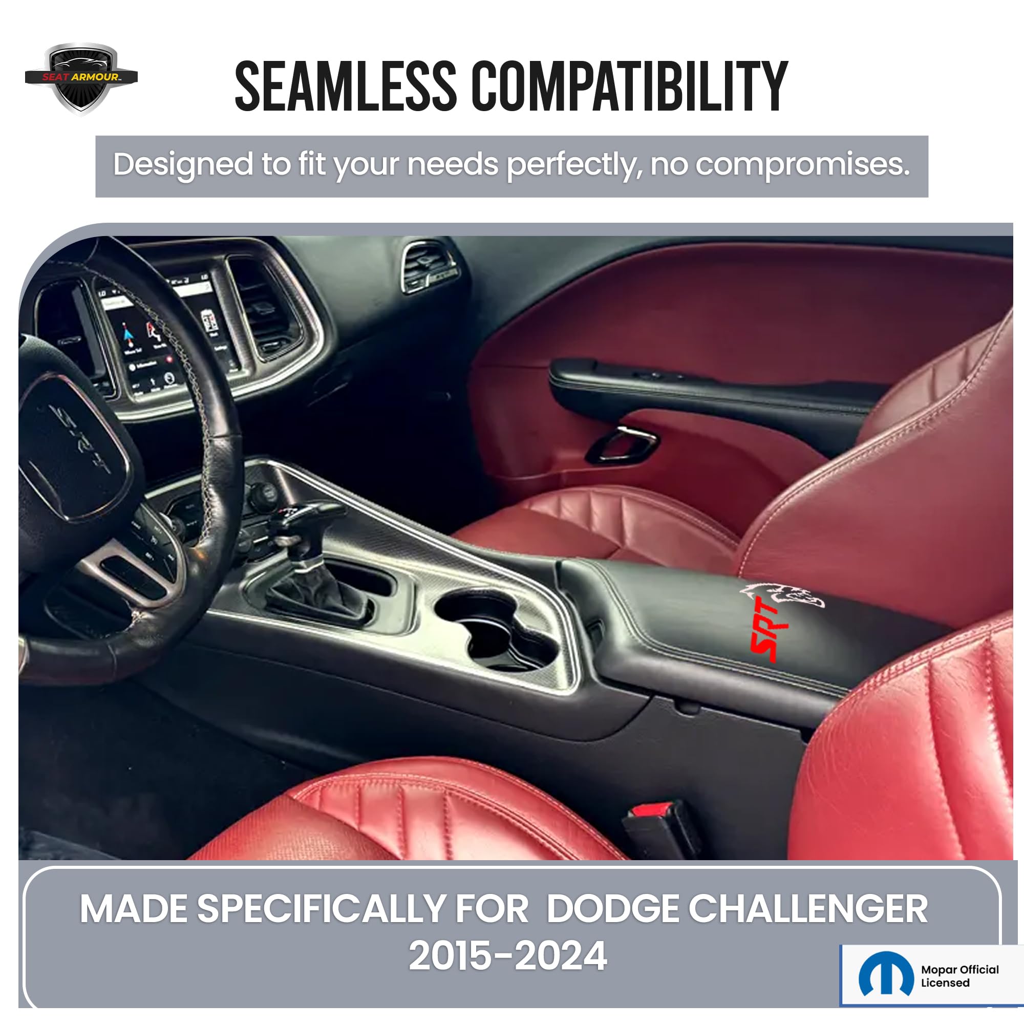 Seat Armour Center Console Cover for 2015–2024 Dodge Challenger – Black, 100% Cotton with Embroidered SRT Logo & Organizer Pocket – Custom Fit & Machine Washable