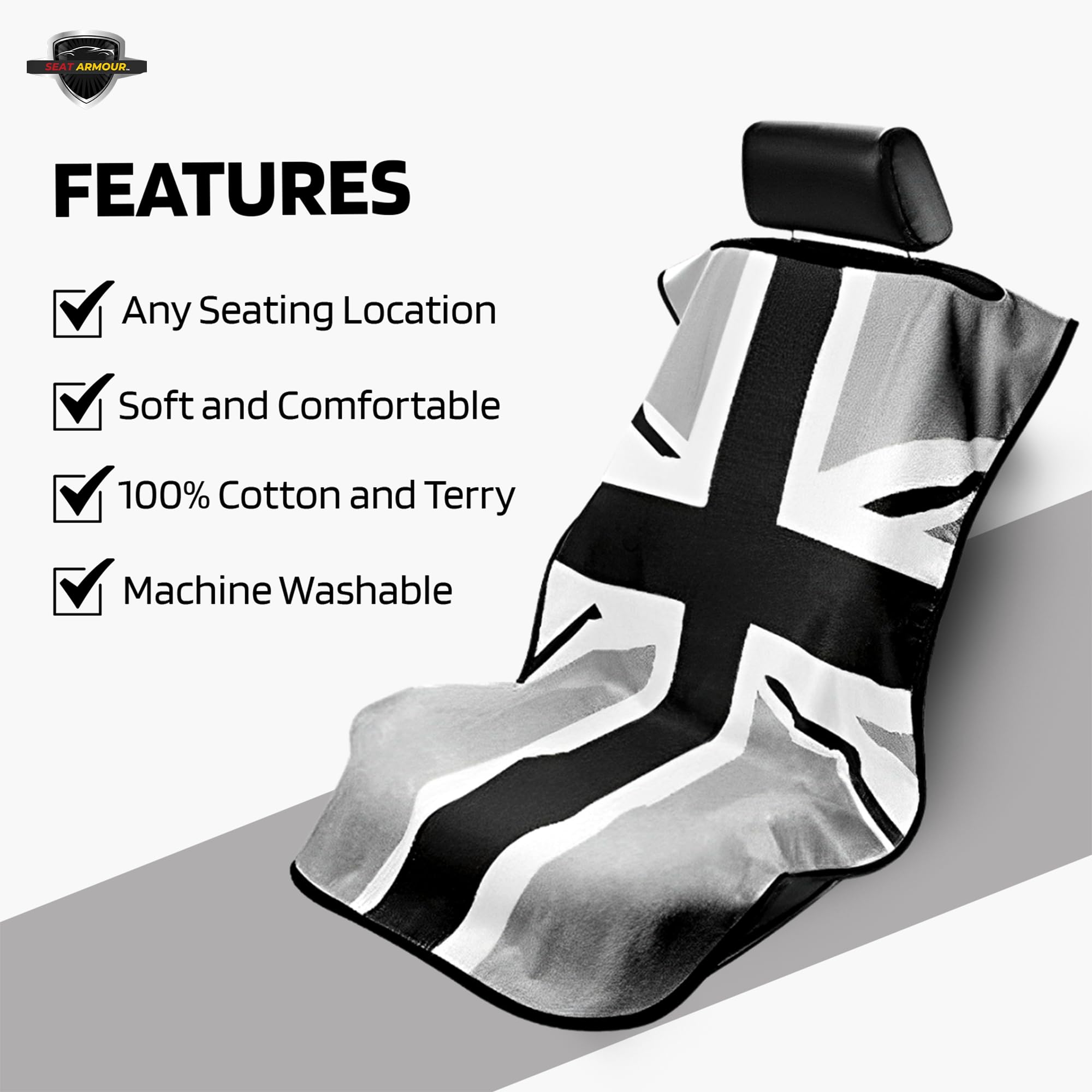 Seat Armour Seat Protector Towel – Black/Gray British Flag Design – Soft Machine Washable Car Seat Cover Towel – Easy to Install, Multipurpose Car Seat Towel