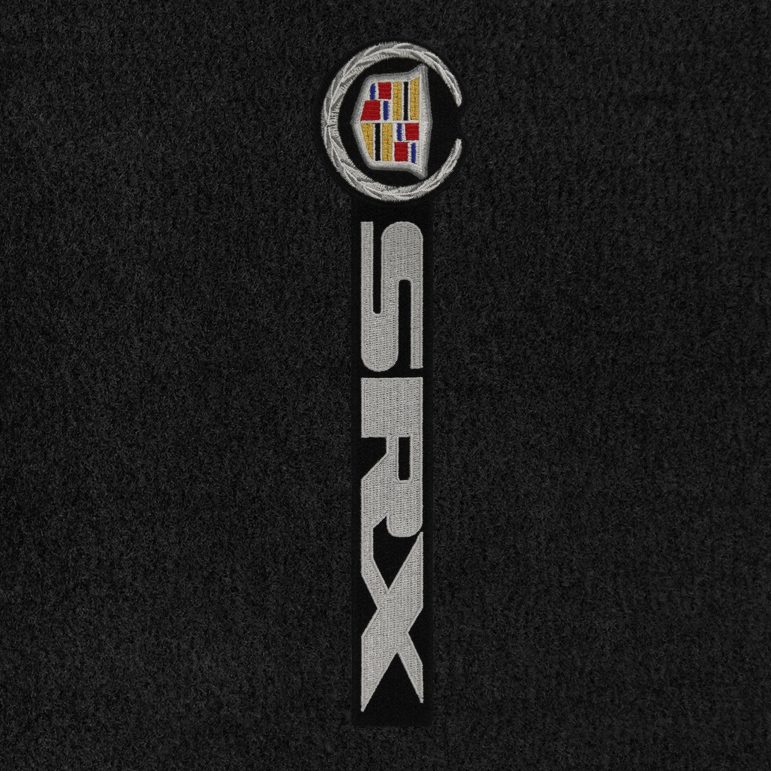 Lloyd Mats ® - Velourtex Black Front Floor Mats for Cadillac SRX 2004-14 with Sideways Silver Cadillac Crest and SRX Lettering Applique