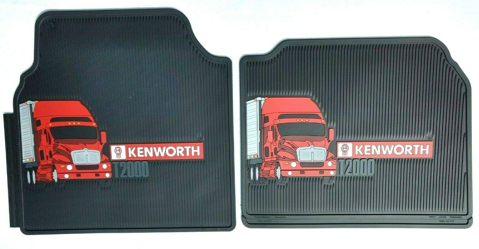 Kenworth T2000 OEM Black Rubber Floor Mats with Red Truck/T2000 Logo - Fits 04/1999-2010 - All Weather- Ridged to Retain Liquid/Spills