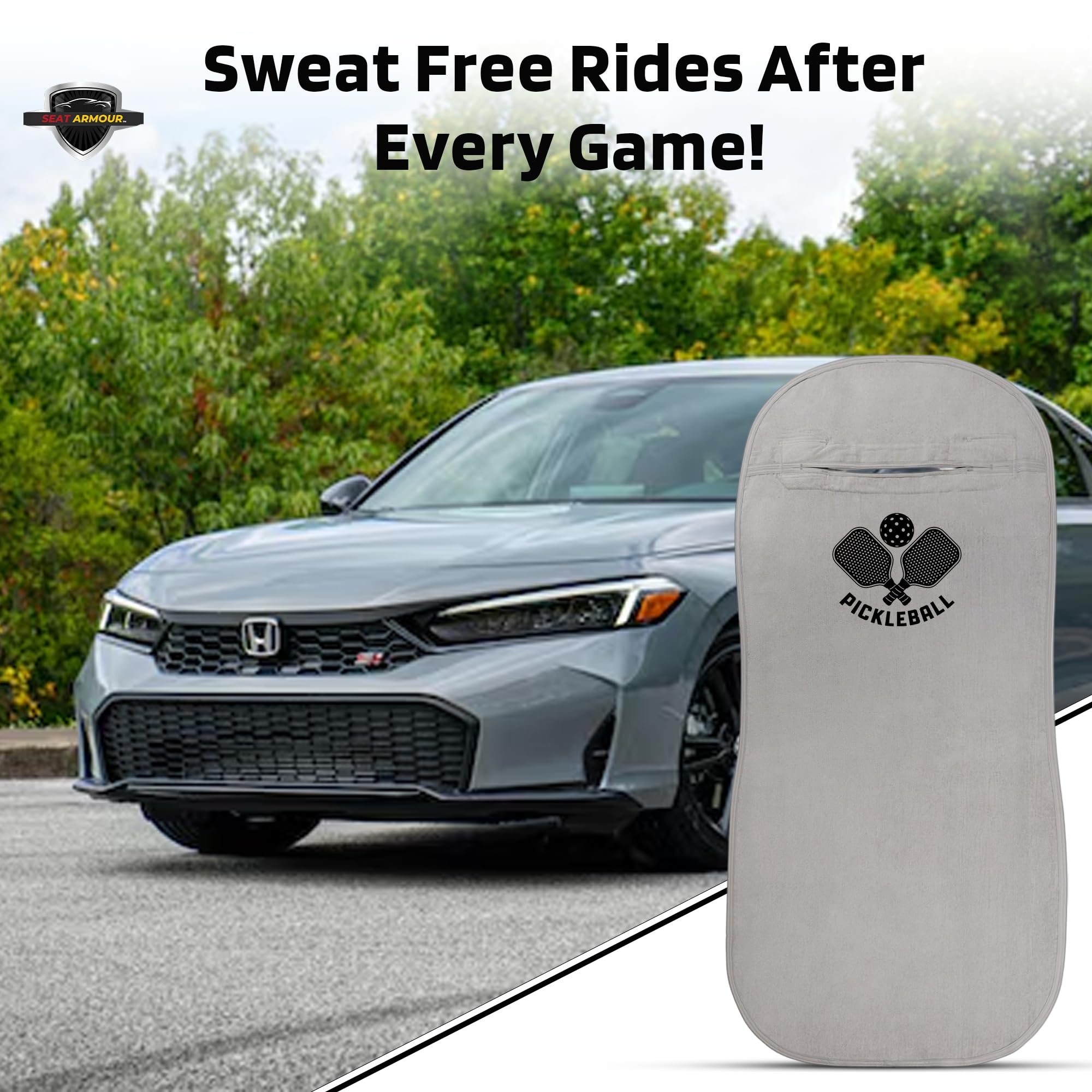 Seat Armour Seat Protector Towel – Pickleball Design – Soft Machine Washable Car Seat Cover Towel – Easy to Install, Multipurpose Car Seat Towel – Gray