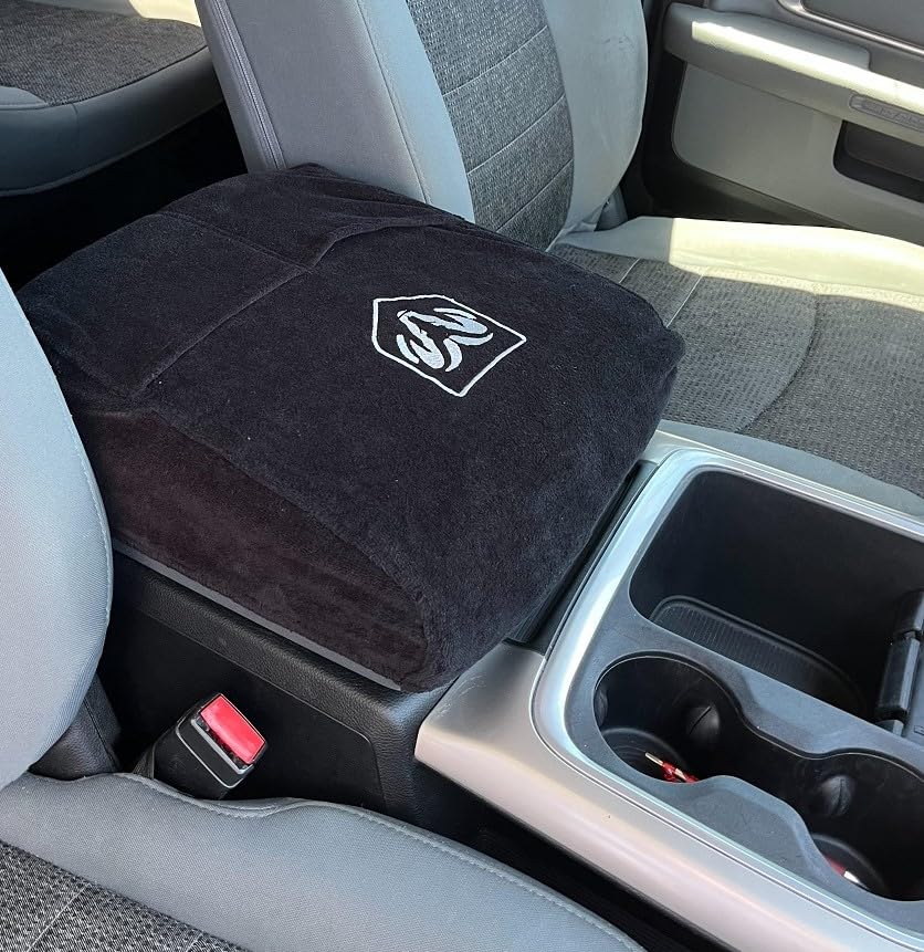 Car Console Covers Plus Official Licensed RAM Embroidered Logo Center Console Cover Designed by Seat Armour to fit RAM 2014-2025 Classic Jump Seat Model and All Bucket Seat Models