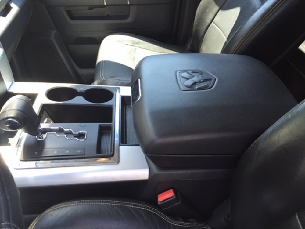 Car Console Covers Plus Official Licensed RAM Embroidered Logo Center Console Cover Designed by Seat Armour to fit RAM 2014-2025 Classic Jump Seat Model and All Bucket Seat Models