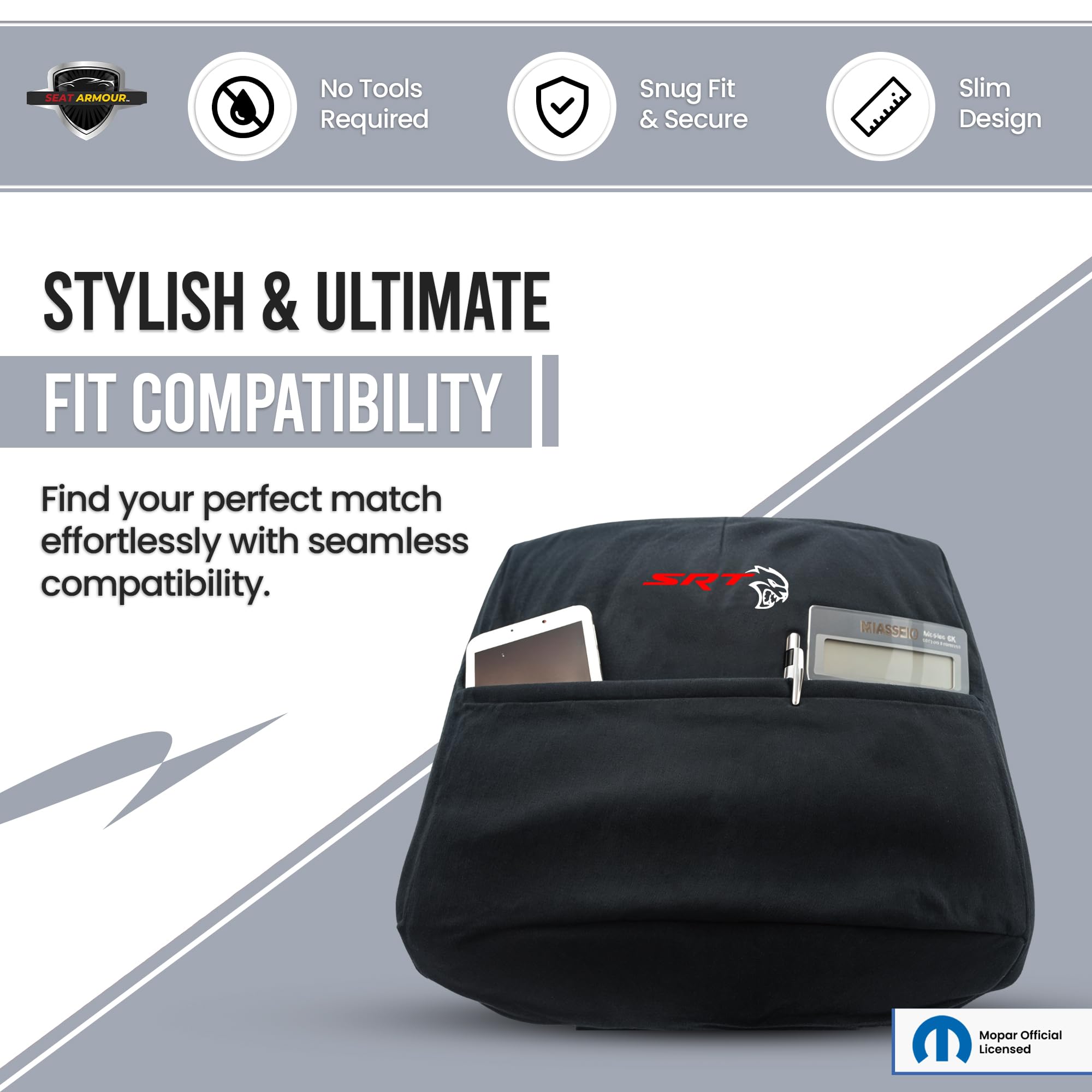 Seat Armour Center Console Cover for 2015–2024 Dodge Challenger – Black, 100% Cotton with Embroidered SRT Logo & Organizer Pocket – Custom Fit & Machine Washable
