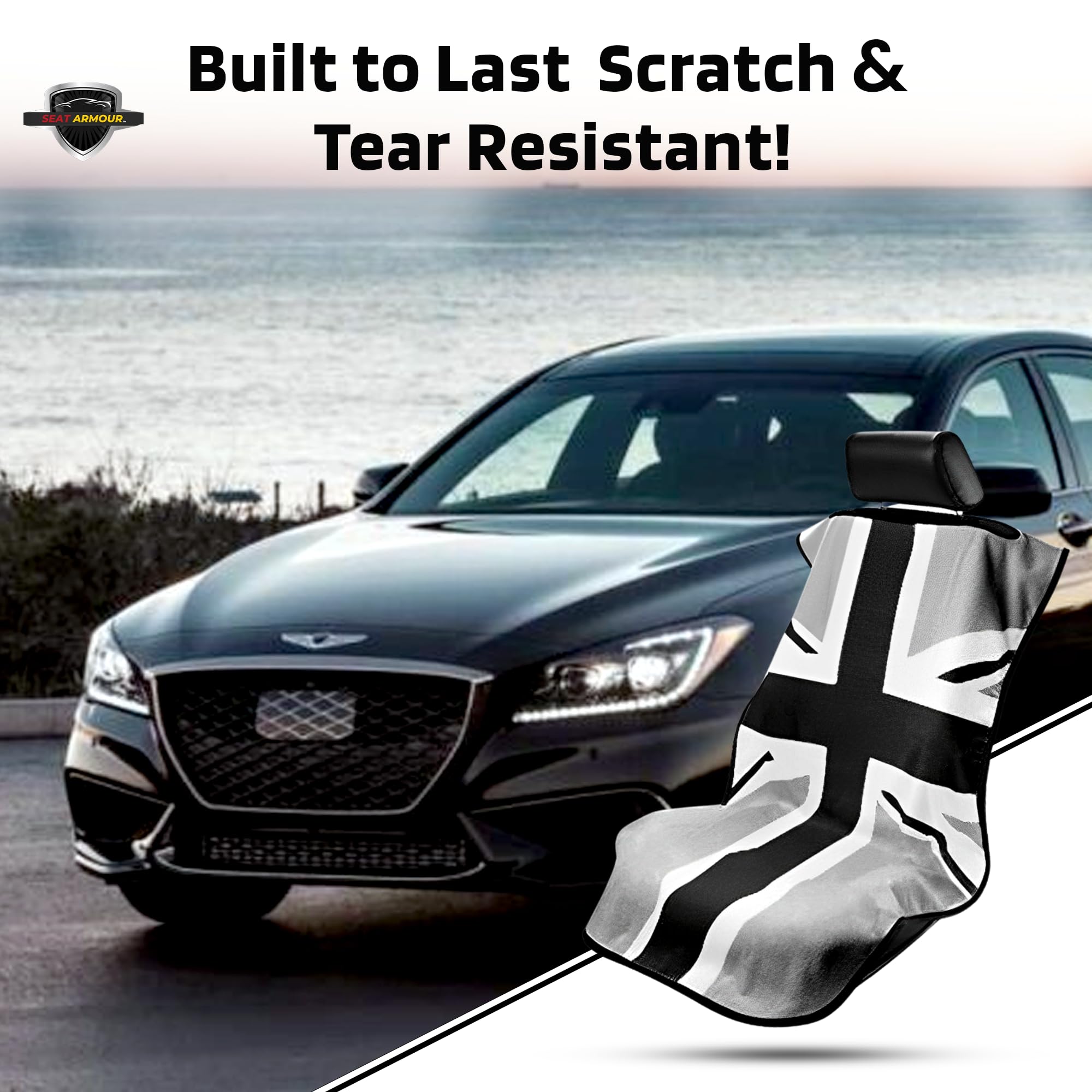 Seat Armour Seat Protector Towel – Black/Gray British Flag Design – Soft Machine Washable Car Seat Cover Towel – Easy to Install, Multipurpose Car Seat Towel