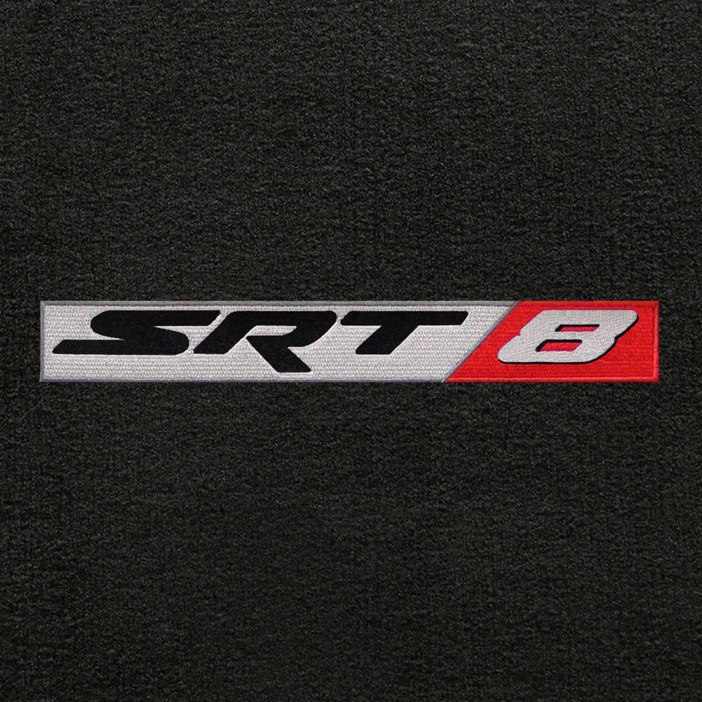Fits 2008-2010 Dodge Challenger 4pc Ebony Black Front & Rear Floor Mats with SRT-8 Logo in Red & Silver