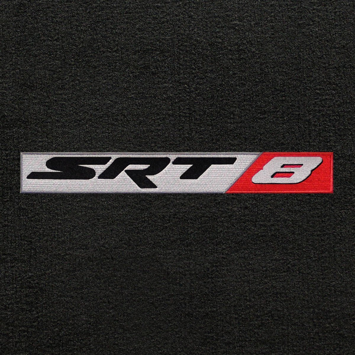 Fits 2008-2010 Dodge Challenger 4pc Ebony Black Front & Rear Floor Mats with SRT-8 Logo in Red & Silver