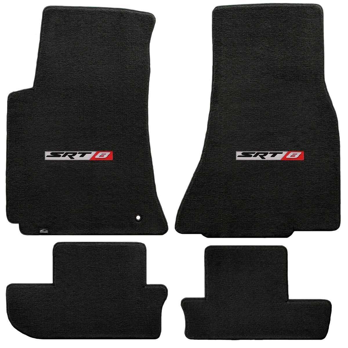 Fits 2008-2010 Dodge Challenger 4pc Ebony Black Front & Rear Floor Mats with SRT-8 Logo in Red & Silver