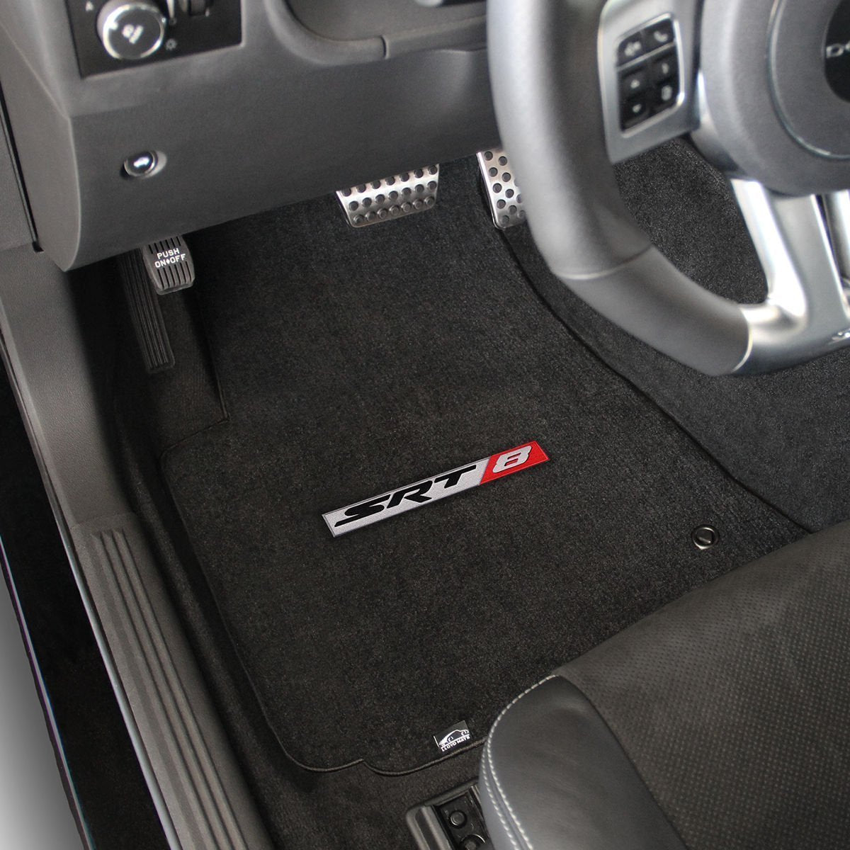 Fits 2008-2010 Dodge Challenger 4pc Ebony Black Front & Rear Floor Mats with SRT-8 Logo in Red & Silver