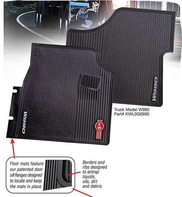 Kenworth OEM W990 Black Rubber Floor Mats w/Logo Fits All W990 - All-Weather/Terrain Mats
