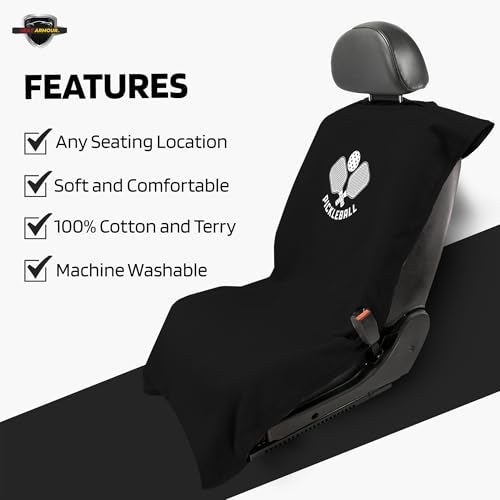 Seat Armour Seat Protector Towel – Pickleball Design – Soft Machine Washable Car Seat Cover Towel – Easy to Install, Multipurpose Car Seat Towel – Black