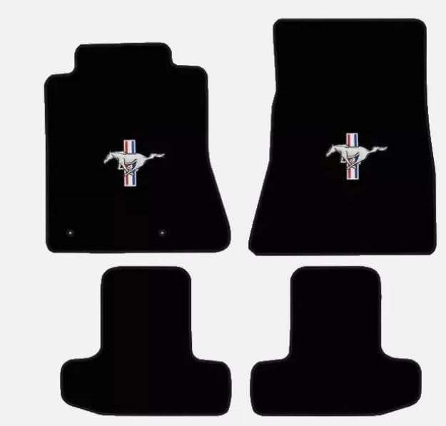 ACC Mats Compatible with 2015-2023 Ford Mustang - 4 Piece Black Carpet Floor Mat Set w/Silver Running Pony Logo on Front Mats