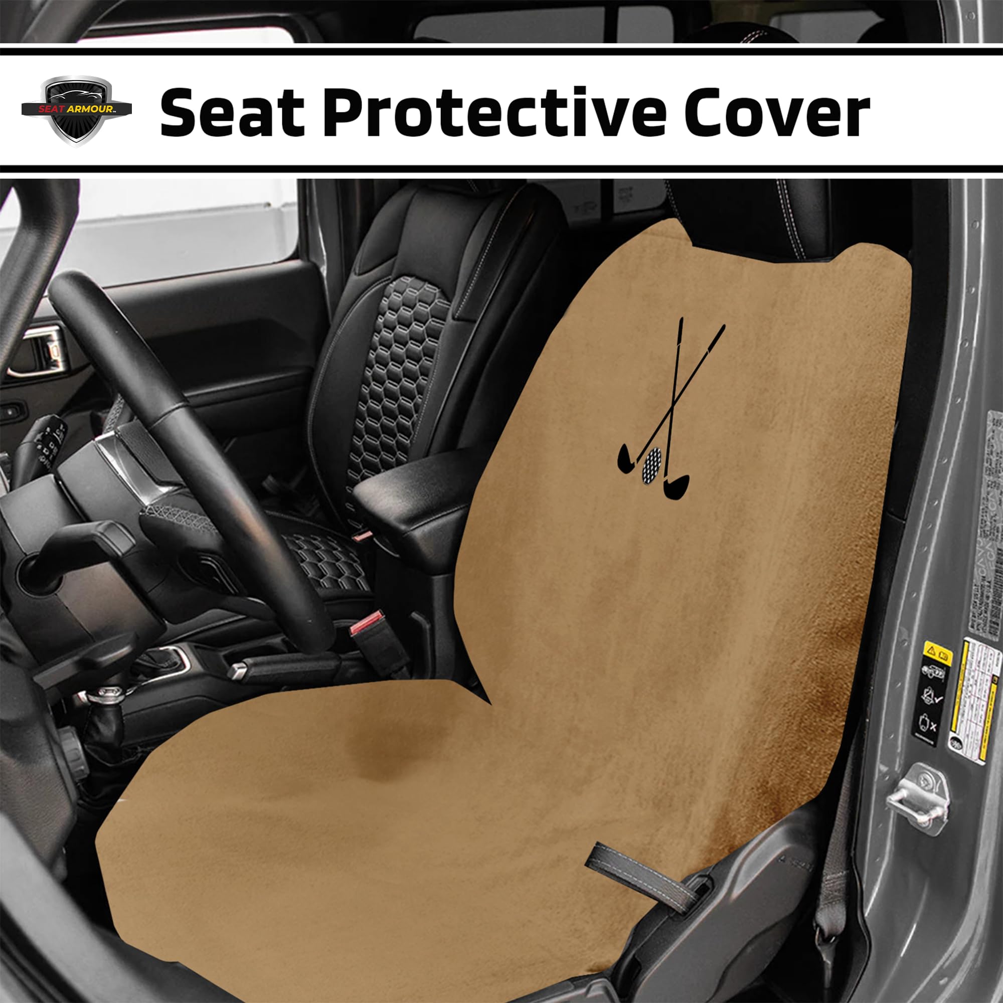 Golf Clubs & Ball Logo Seat Towel/Cover – Soft, Absorbent & Machine Washable – Tan