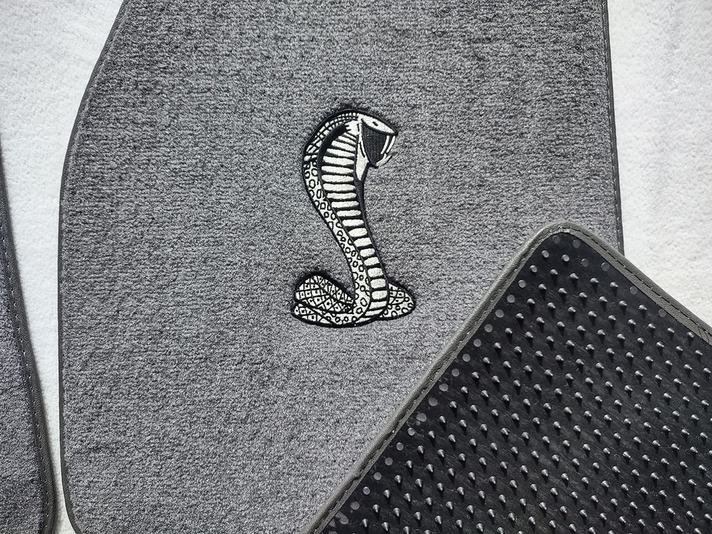 ACC Mats Compatible with 1994-2004 Ford Mustang - Embroidered Cobra Logo (On Fronts) 4 Piece Gray Cutpile Carpet Floor Mat Set w/Nibbed Backing