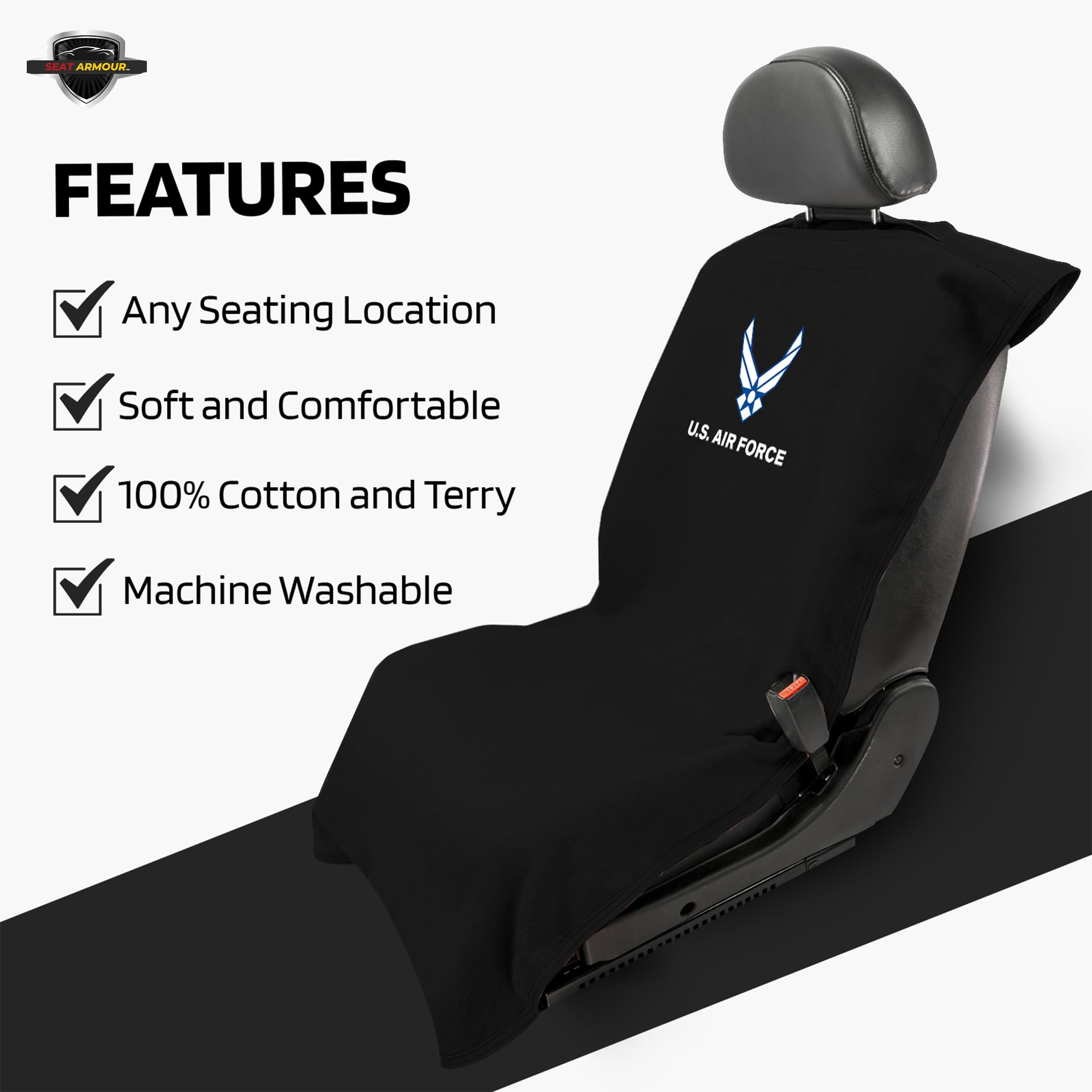 Seat Armour Seat Protector Towel – U.S. Air Force Design – Soft Machine Washable Car Seat Cover Towel – Easy to Install, Multipurpose Car Seat Towel – Black