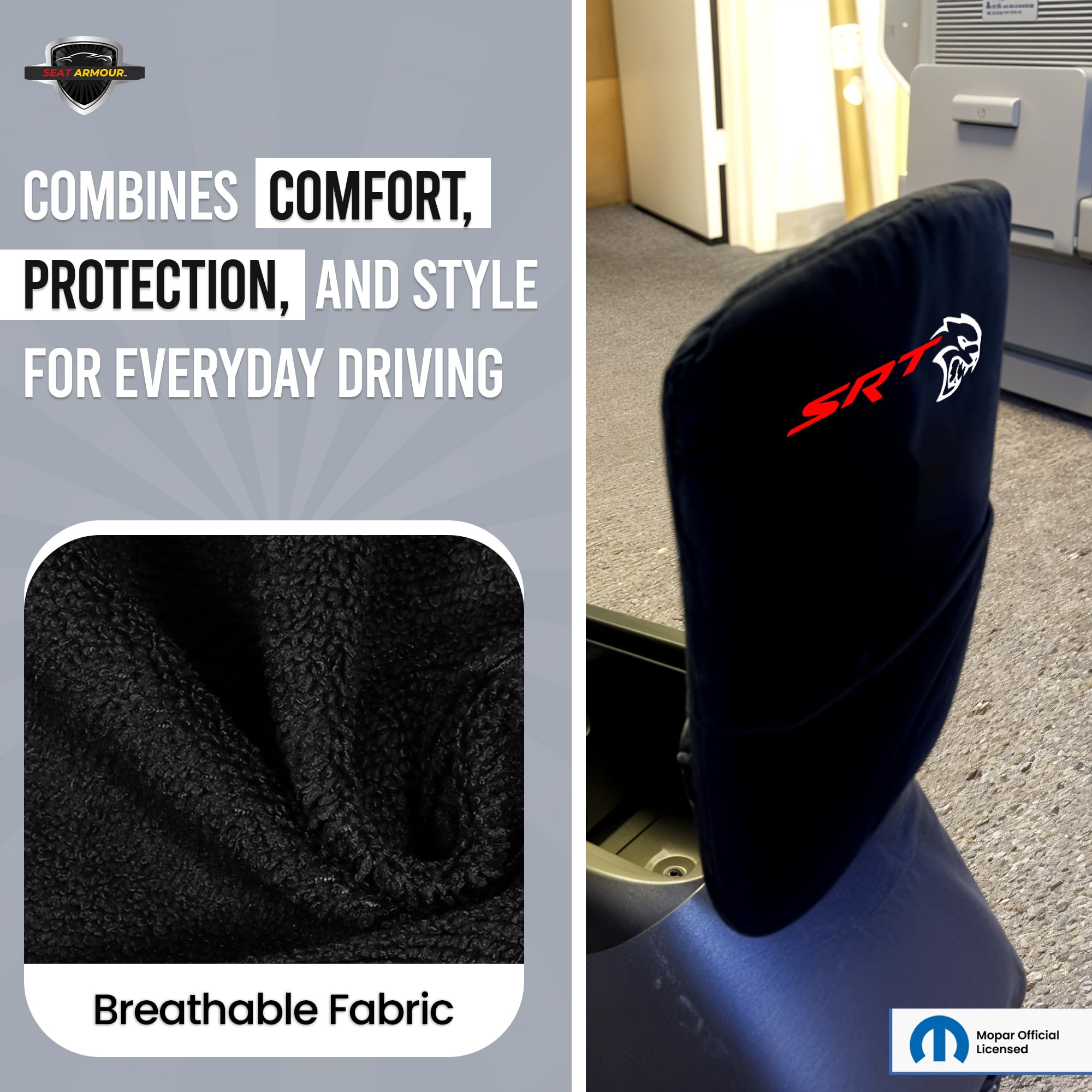 Seat Armour Center Console Cover for Dodge Charger (2011–2024) – Black, 100% Cotton with Embroidered SRT Logo & Organizer Pocket – Custom Fit & Machine Washable