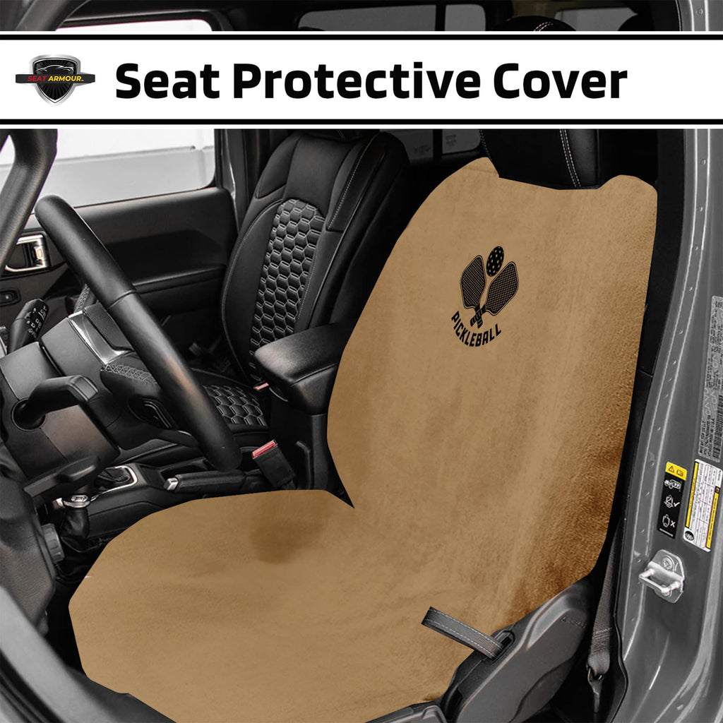 Seat Armour Seat Protector Towel – Pickleball Design – Soft Machine Washable Car Seat Cover Towel – Easy to Install, Multipurpose Car Seat Towel – Tan