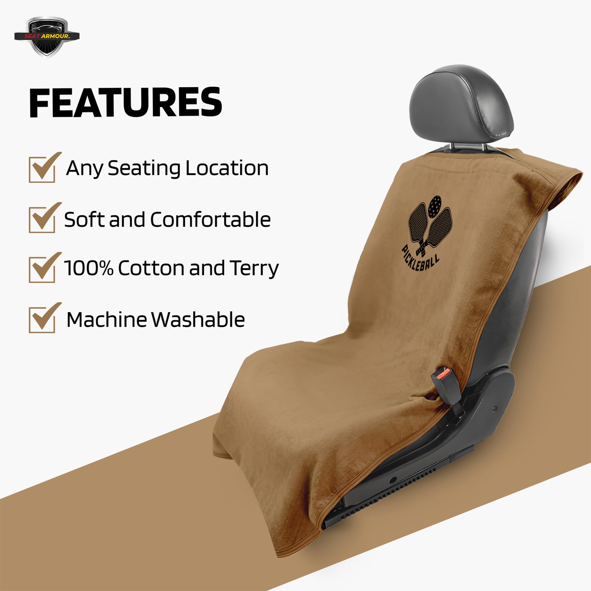 Seat Armour Seat Protector Towel – Pickleball Design – Soft Machine Washable Car Seat Cover Towel – Easy to Install, Multipurpose Car Seat Towel – Tan