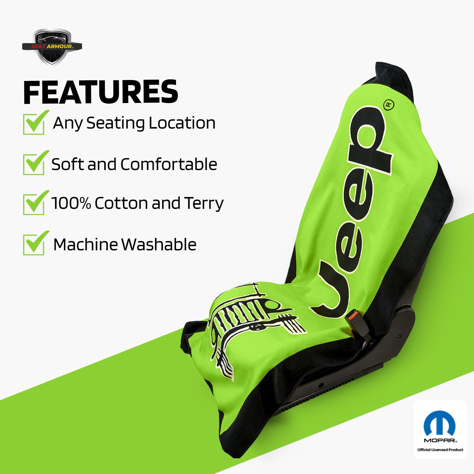Seat Armour Jeep Seat Towel - Universal Fit Soft Machine Washable Jeep Towel - Easy Install, Multipurpose Towel2Go Seat Cover for Jeep - Lime Green