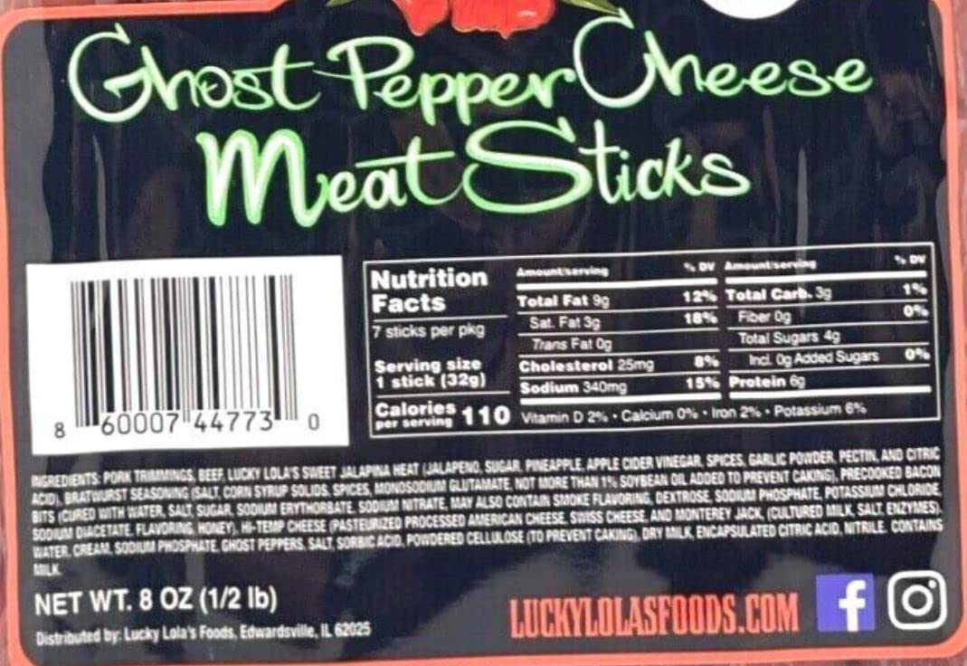 Ghost Pepper Cheese Meat Sticks by Lucky Lola's - 1/2 Pound of Hot & Spicy Snacks (7-6" Large Sticks) - 3 Cheeses, Ghost Peppers, and Jalapina Heat