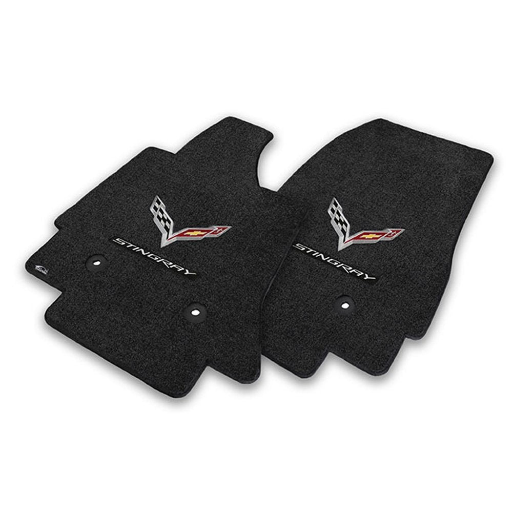 Fits C7 Corvette Stingray Floor Mats- Flags with Stingray Script: Black