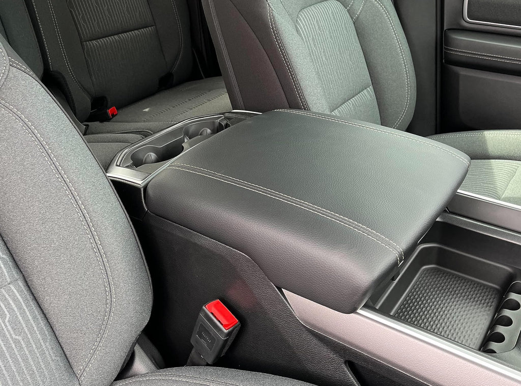 Car Console Covers Plus Official Licensed RAM Embroidered Logo Center Console Cover Designed by Seat Armour to fit RAM 2014-2025 Classic Jump Seat Model and All Bucket Seat Models