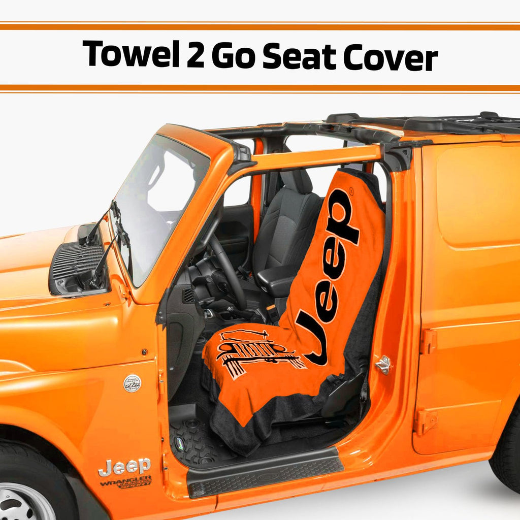 Towel 2 Go Orange Seat Cover with Jeep Wrangler Logo - Soft Machine Washable Car Seat Protector - Easy to Install, Multipurpose Towel