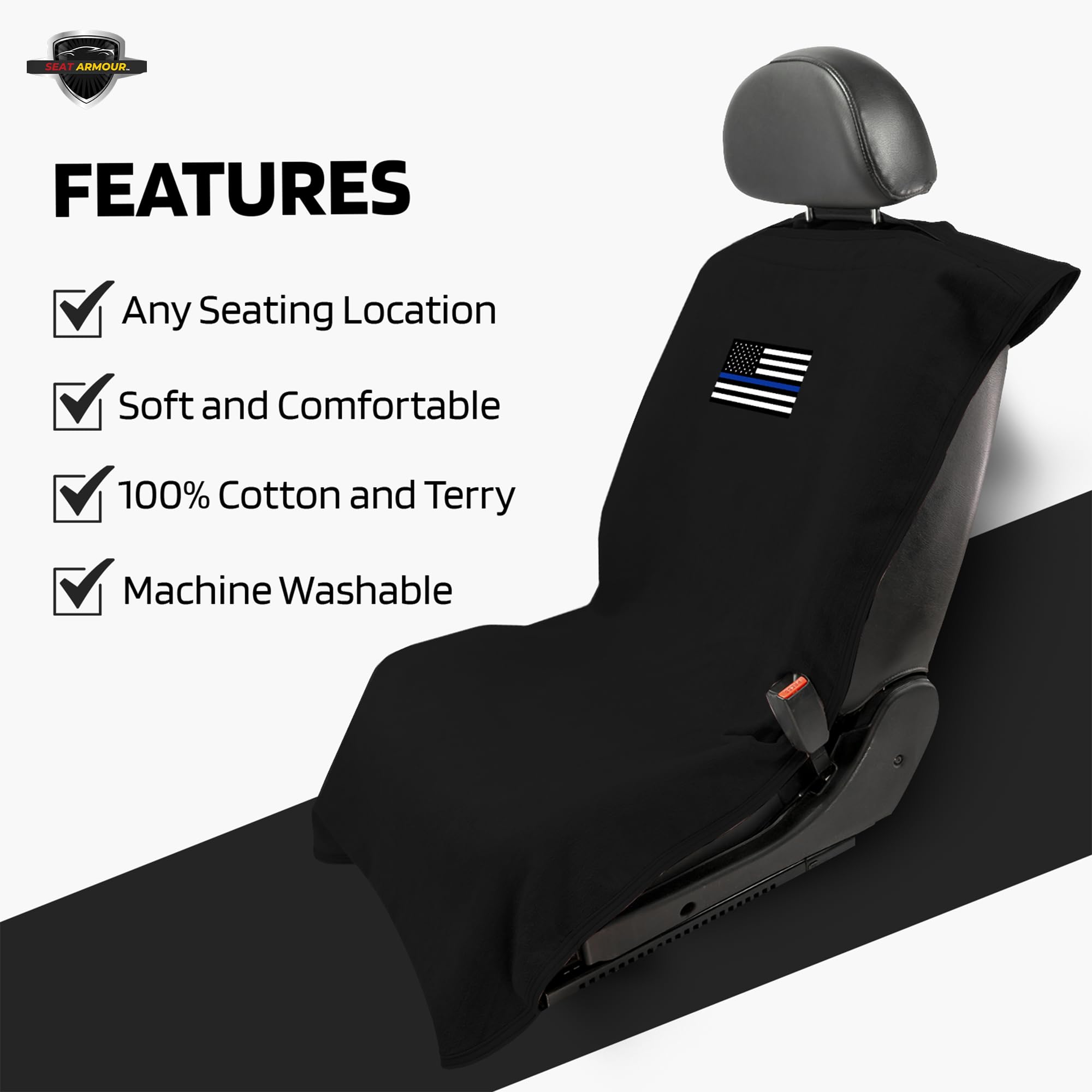 Seat Armour Seat Protector Towel – Police Design – Soft Machine Washable Car Seat Cover Towel – Easy to Install, Multipurpose Car Seat Towel – Black