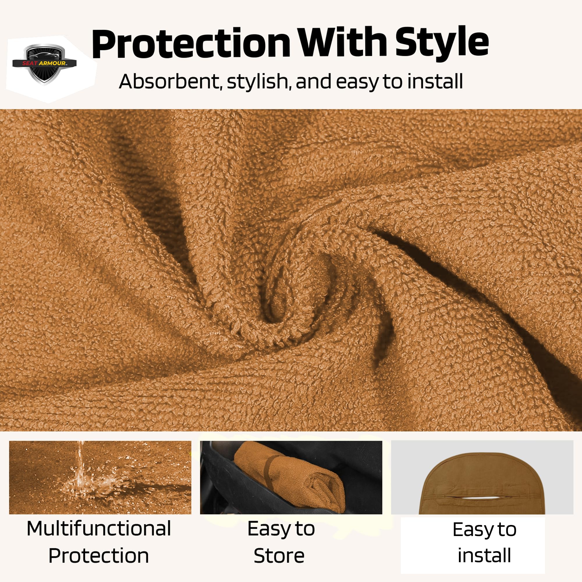 Seat Armour Seat Protector Towel – Pickleball Design – Soft Machine Washable Car Seat Cover Towel – Easy to Install, Multipurpose Car Seat Towel – Tan
