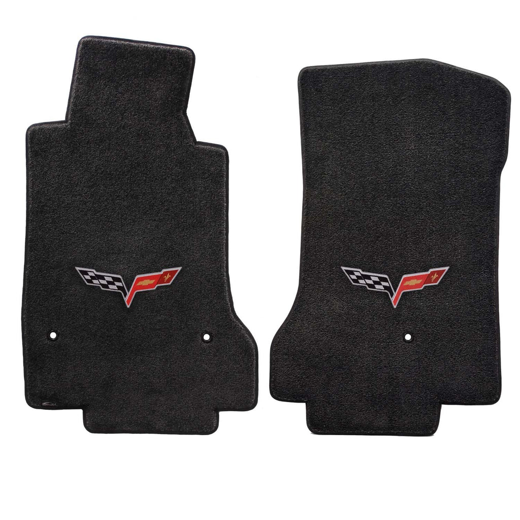 Fits 2007.5-2013 C6 Corvette Driver & Passenger Floor Mats Set; Black / Ebony Velourtex Fabric with Crossed Flags Logo Embroidery
